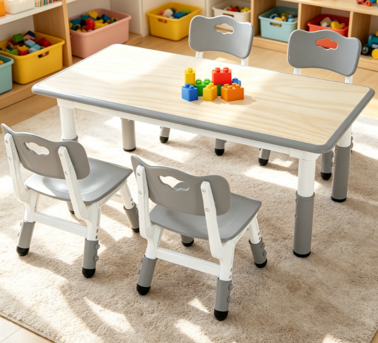 Height-Adjustable Study Table with 4 Chairs and Graffiti Desktop (47.2" x 23.6") for Home, Daycare or Classroom